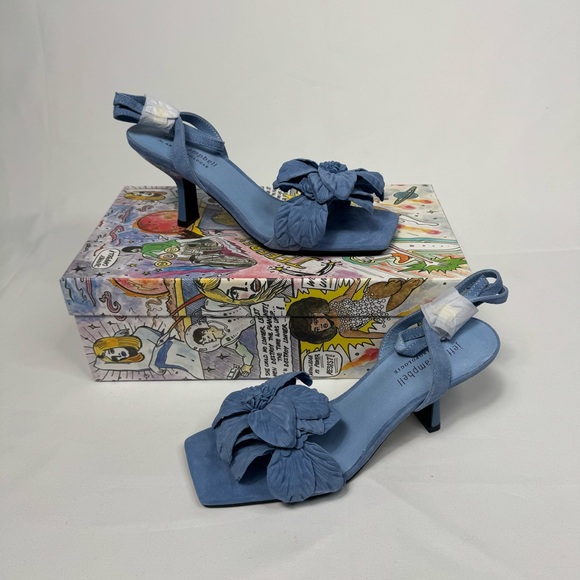 New Jeffrey Campbel Essence Kitten Heels Blue Suede Floral Anthro Womens - Picture 10 of 16